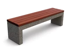 Banca stradala din beton aspect de piatra naturala, sezut din lemn de brad